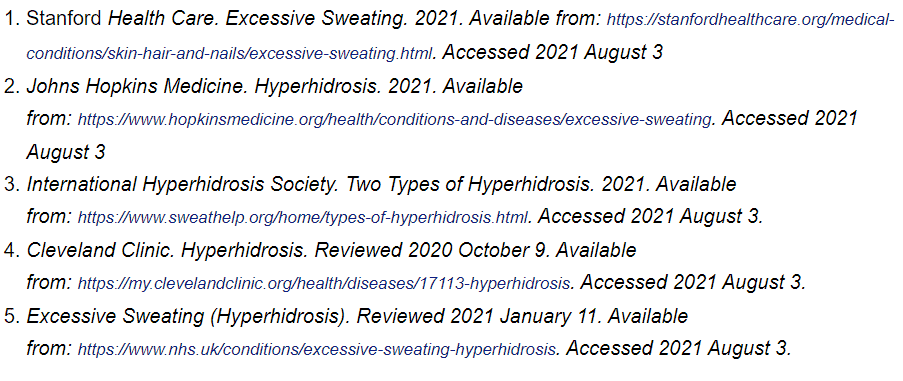 Excessive sweating brochure medical references